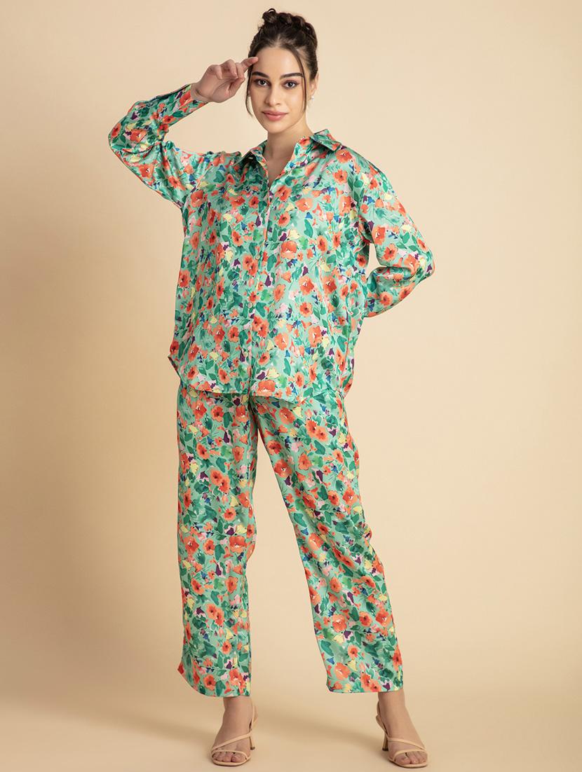 women green floral printed shirt & trouser co-ord set