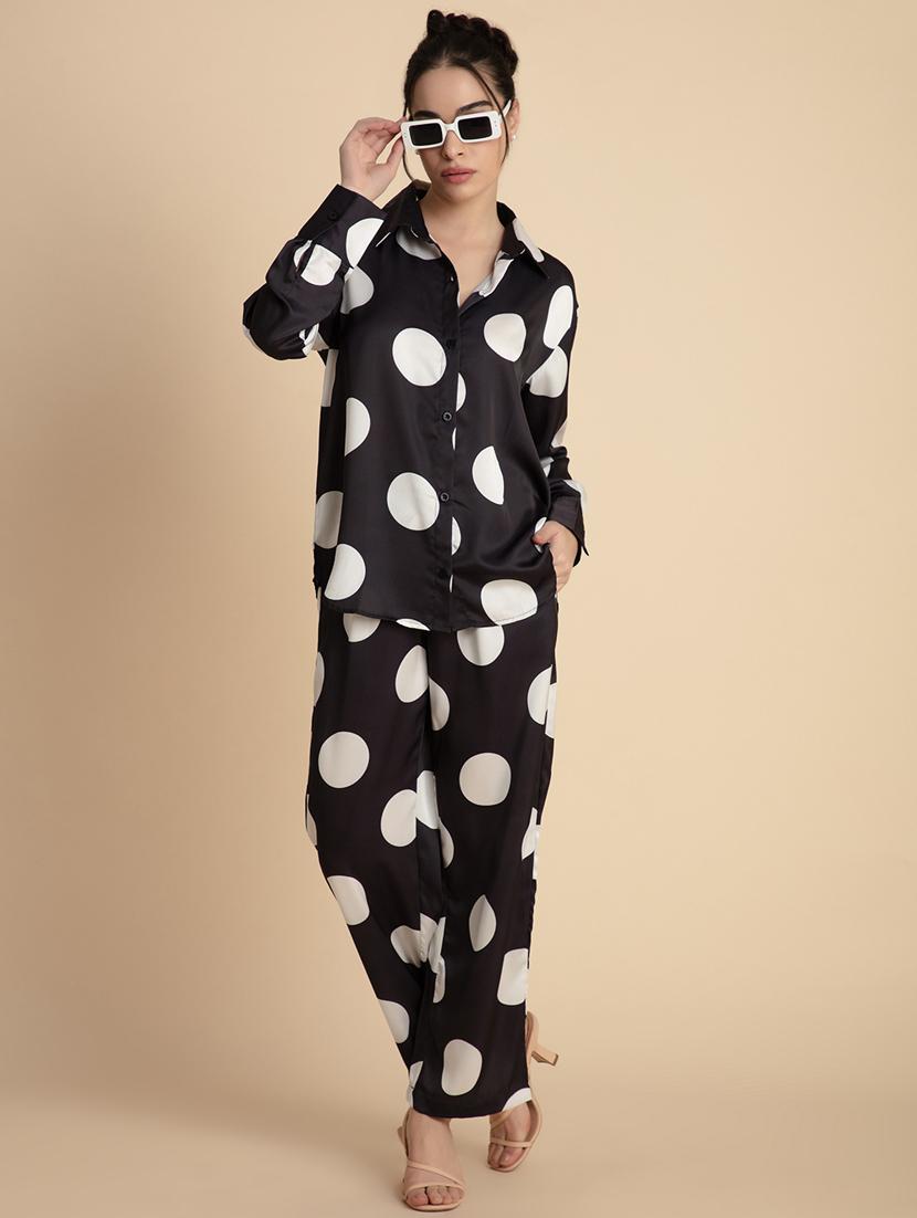 black polka dots printed shirt & trouser set