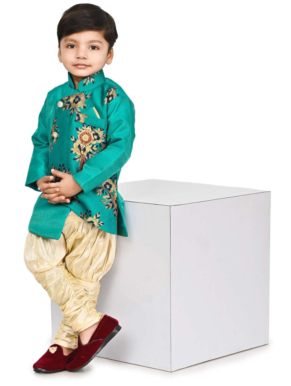 kids sea green self design sherwani set - 20688822 -  Standard Image - 1