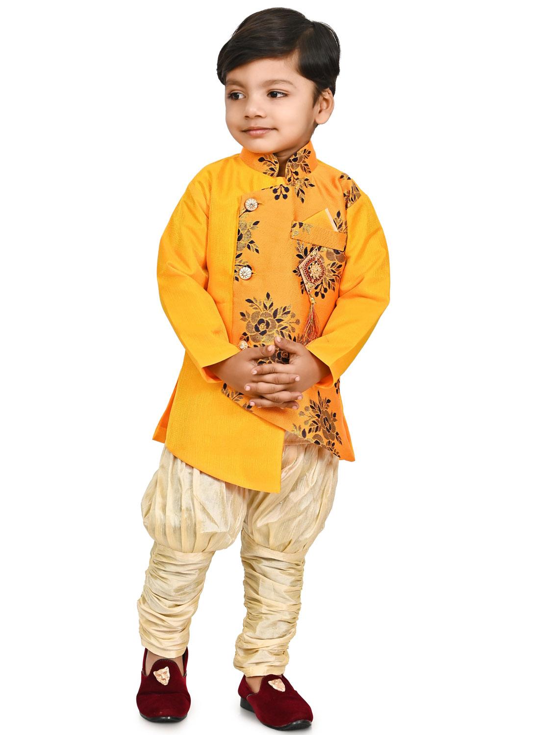 kids gold yellow self design sherwani set - 20688823 -  Standard Image - 1
