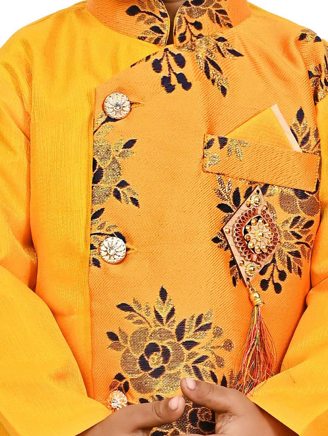 kids gold yellow self design sherwani set - 20688823 - Standard Image - 4