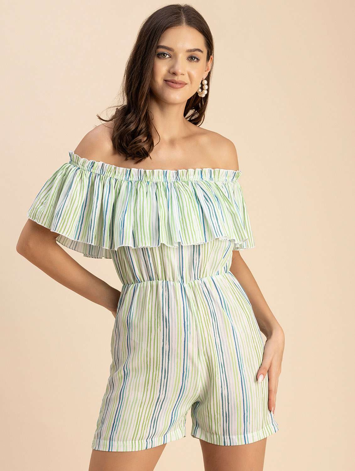 women striped off shoulder romper 