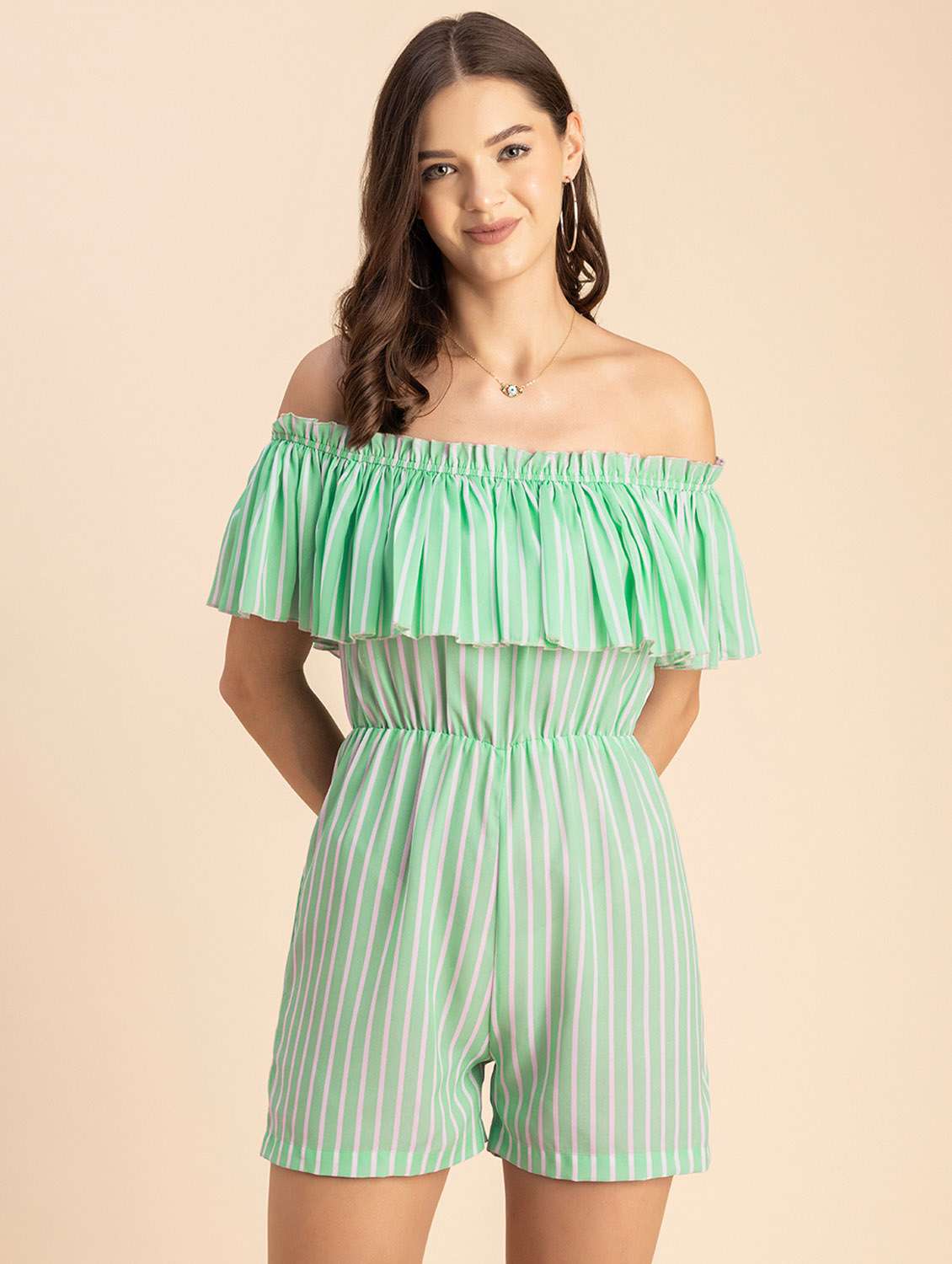 women striped off shoulder romper 