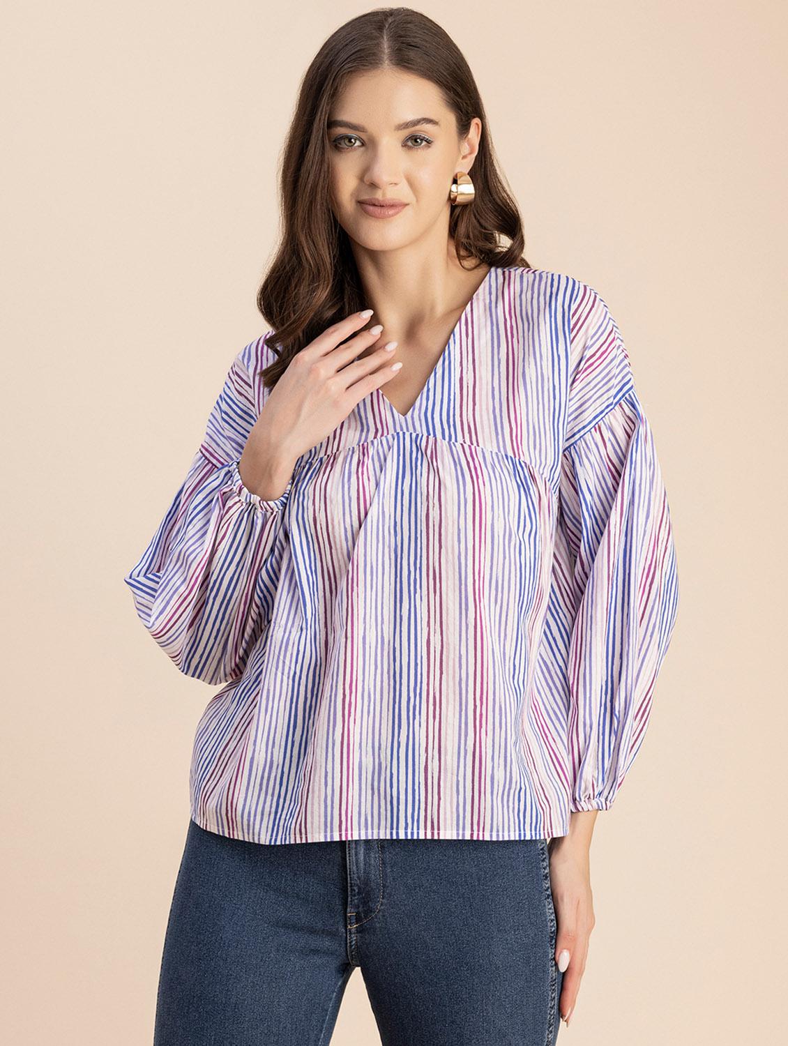 women striped long sleeves straight top - 20694639 - Zoom Image - 0