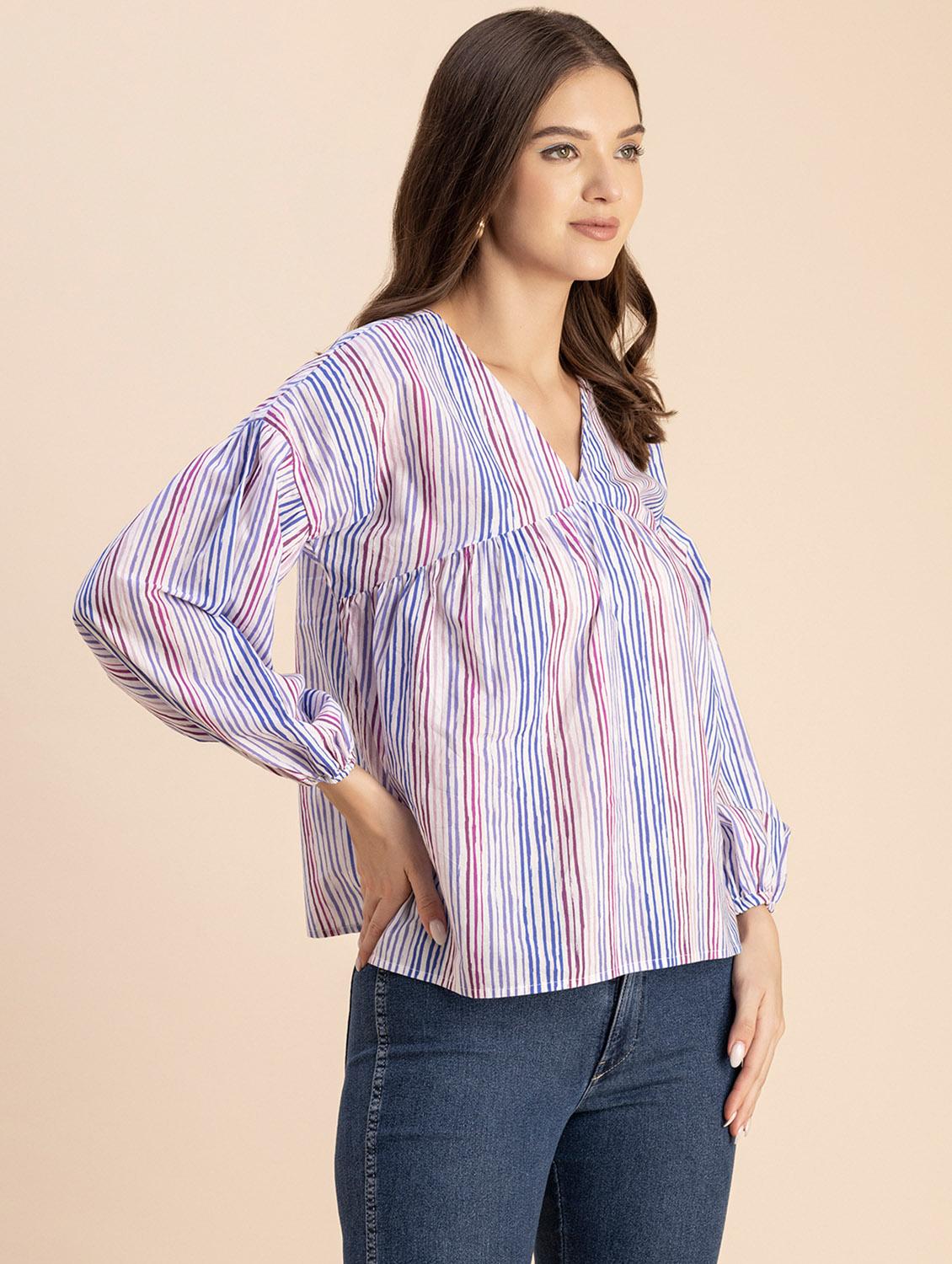 women striped long sleeves straight top - 20694639 - Standard Image - 1
