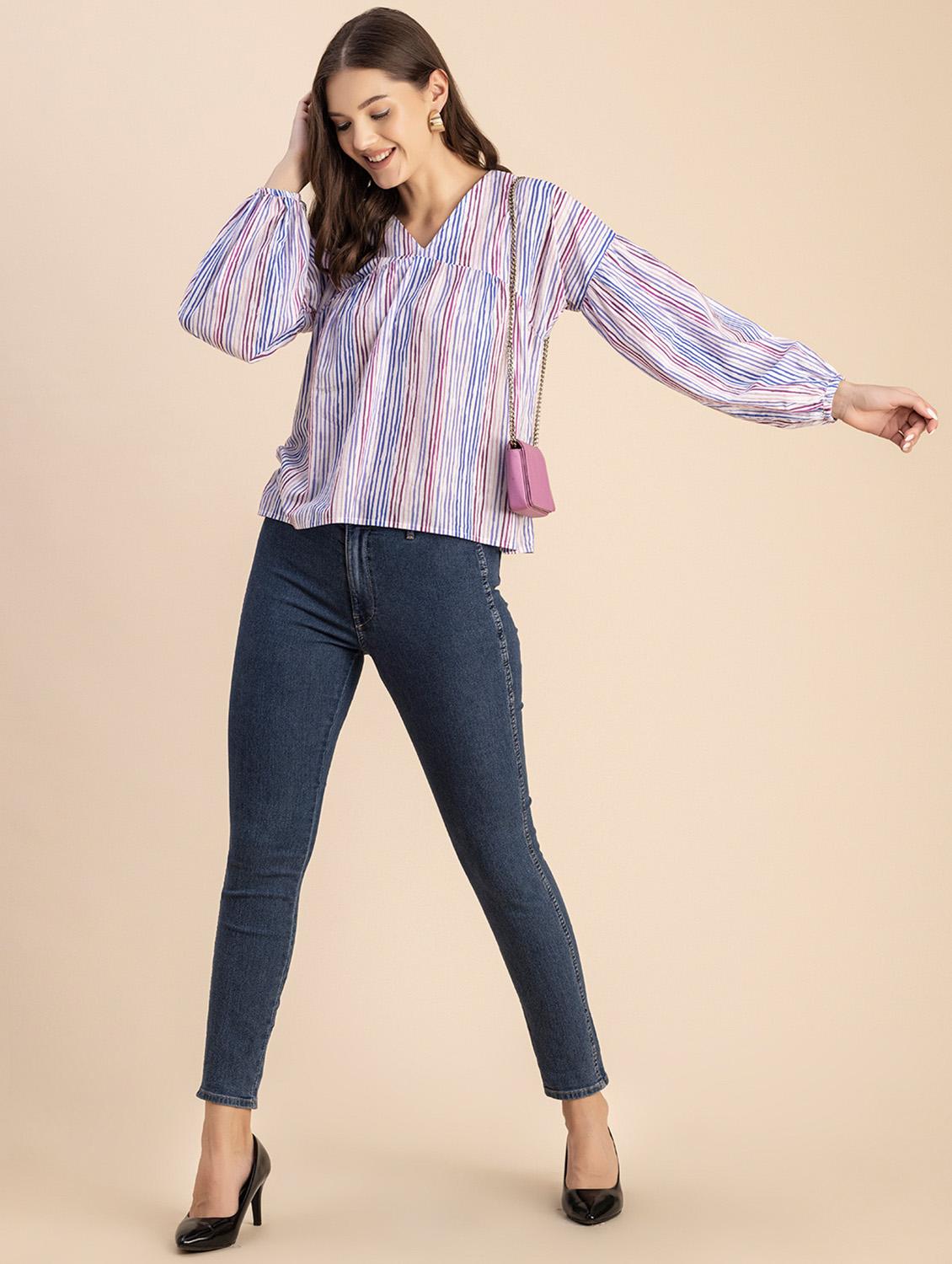 women striped long sleeves straight top - 20694639 - Standard Image - 4