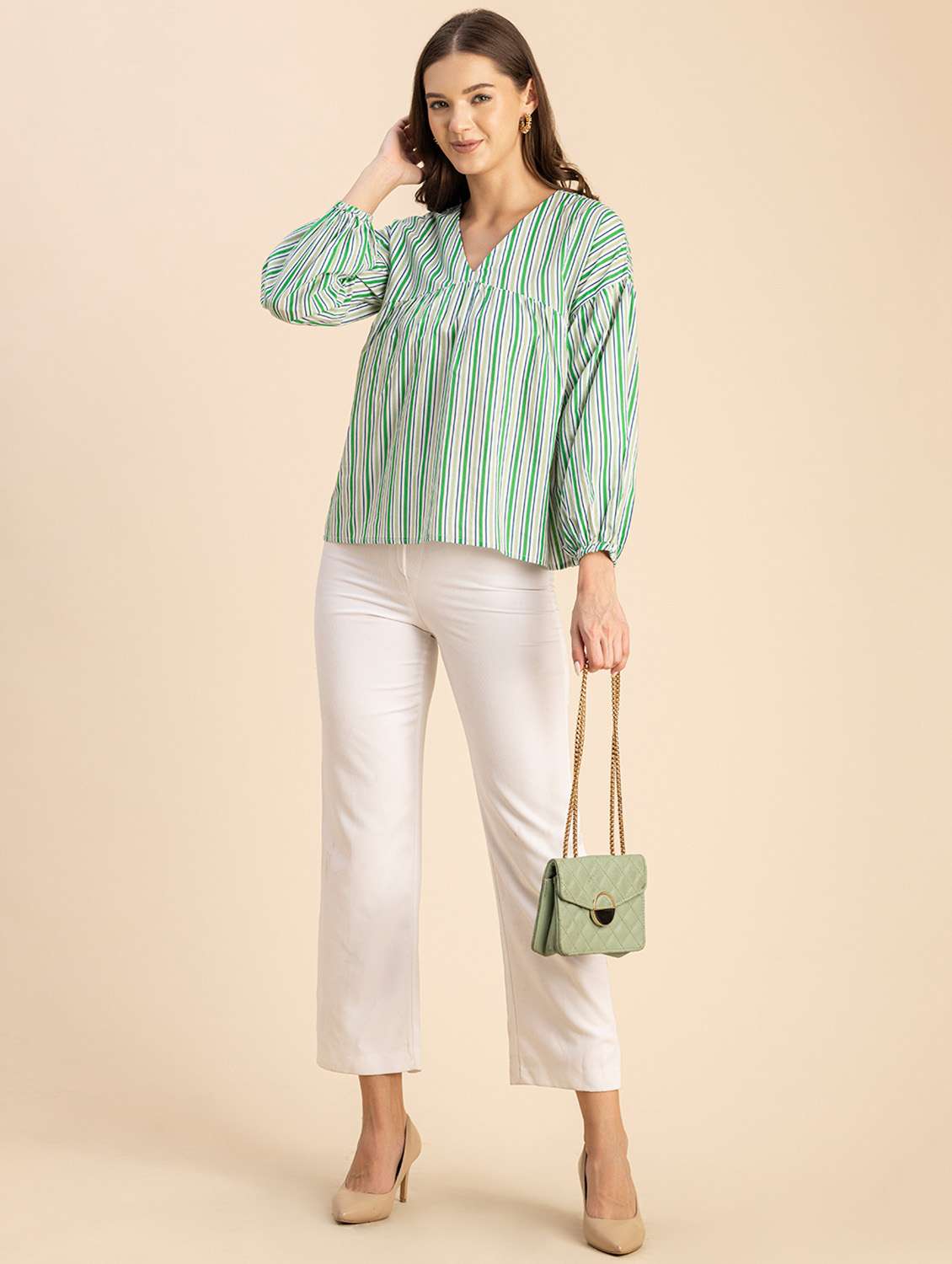women striped long sleeves straight top - 20694641 -  Standard Image - 4