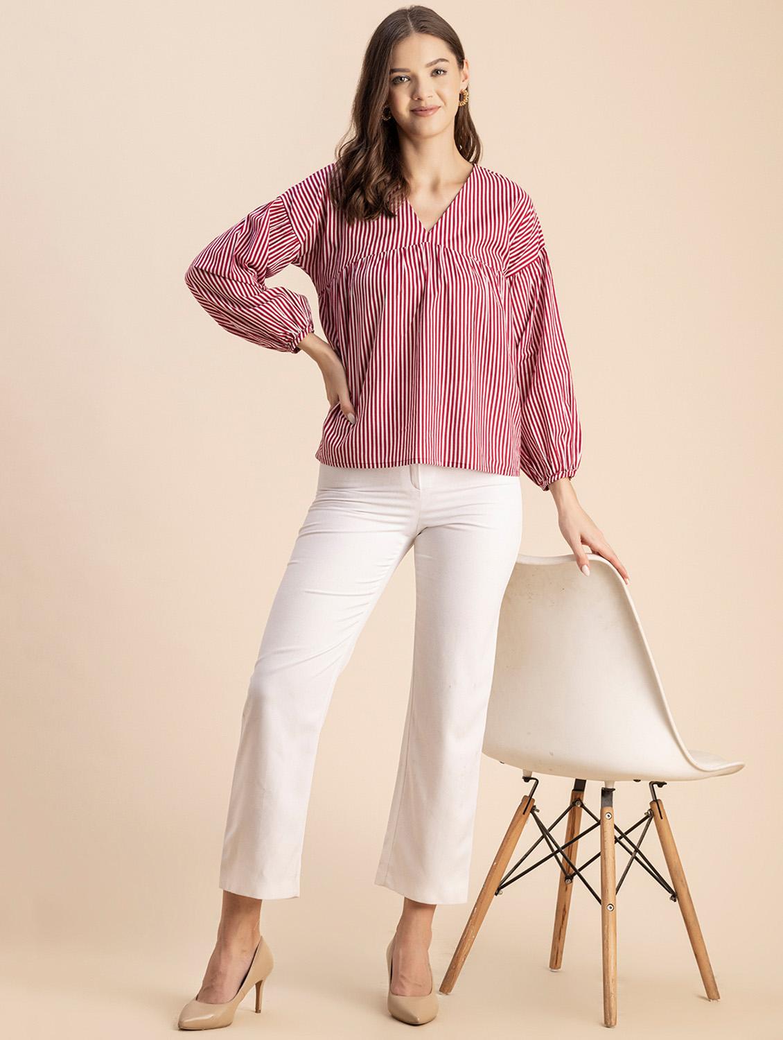 women striped long sleeves straight top - 20694643 - Standard Image - 4