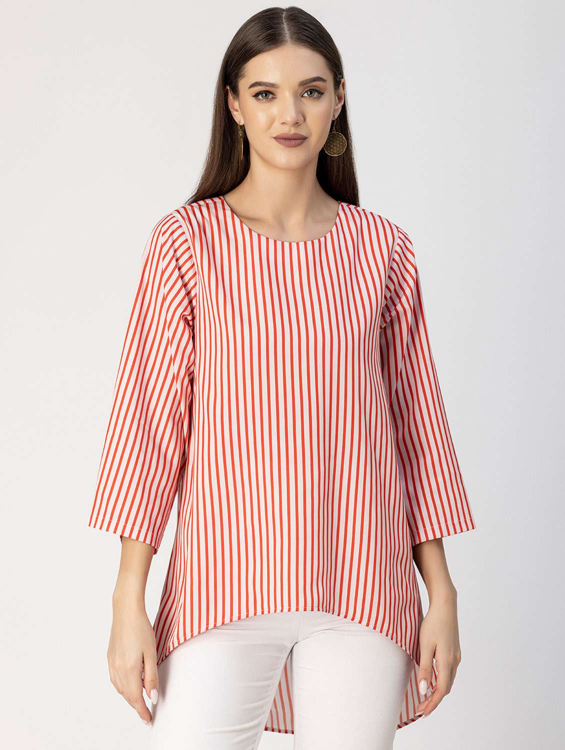 women striped round neck high low top