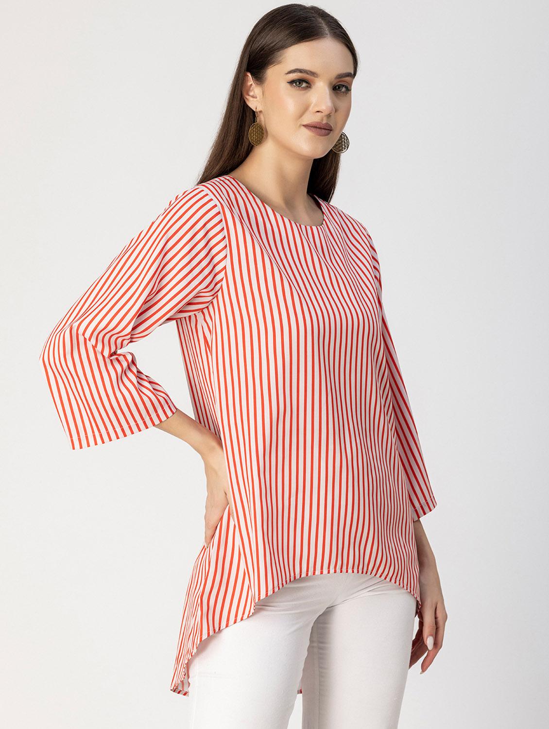 women striped round neck high low top - 20694644 - Standard Image - 1