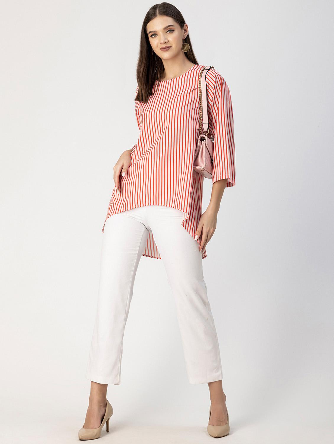 women striped round neck high low top - 20694644 - Standard Image - 4