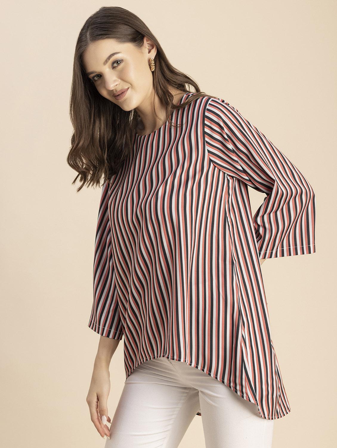 women striped round neck high low top - 20694646 - Standard Image - 1
