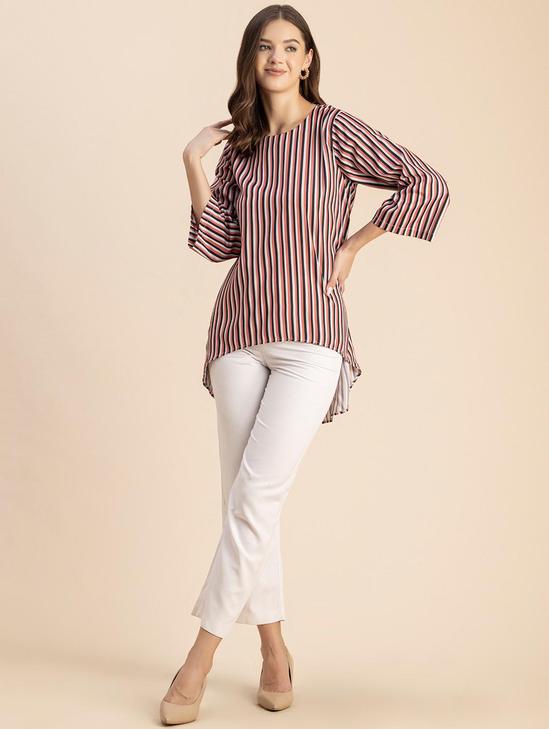 women striped round neck high low top - 20694646 - Standard Image - 4