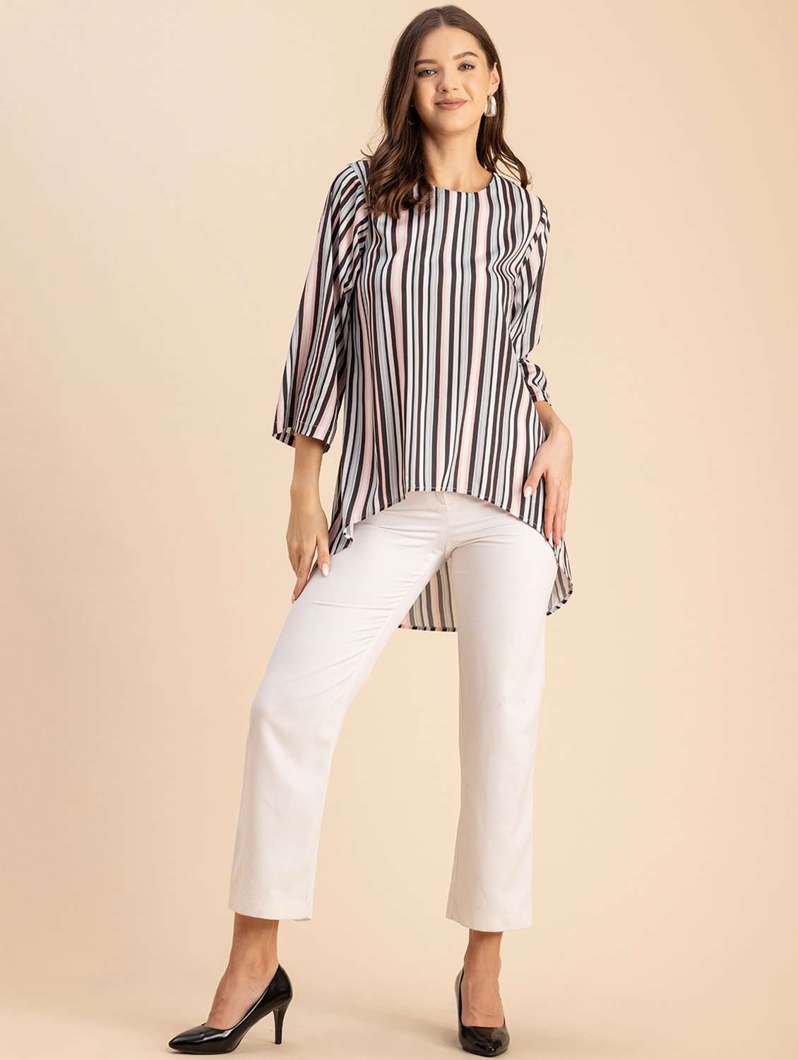 women striped round neck high low top - 20694647 -  Standard Image - 4