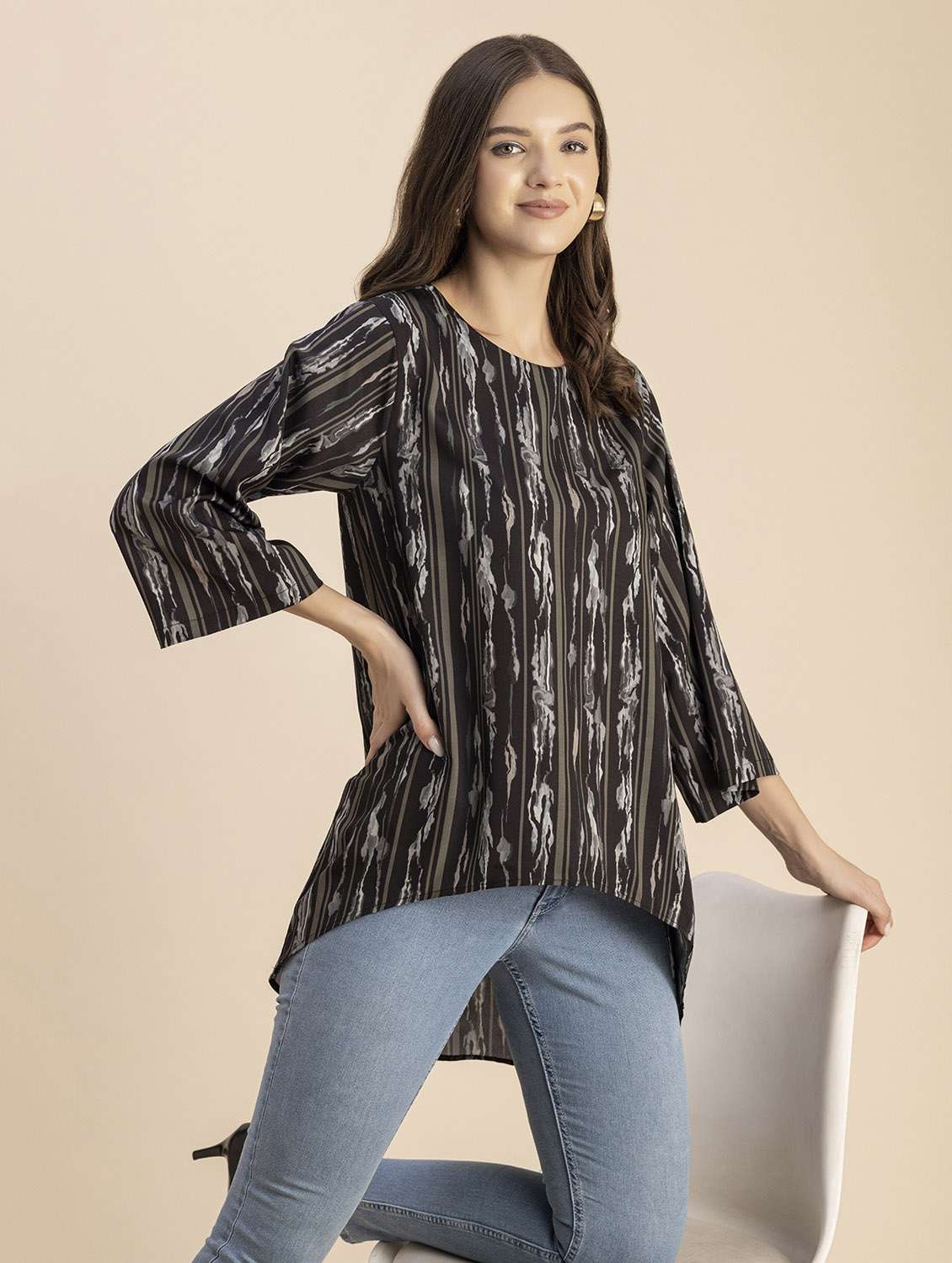 women printed round neck high low top - 20694648 -  Standard Image - 1