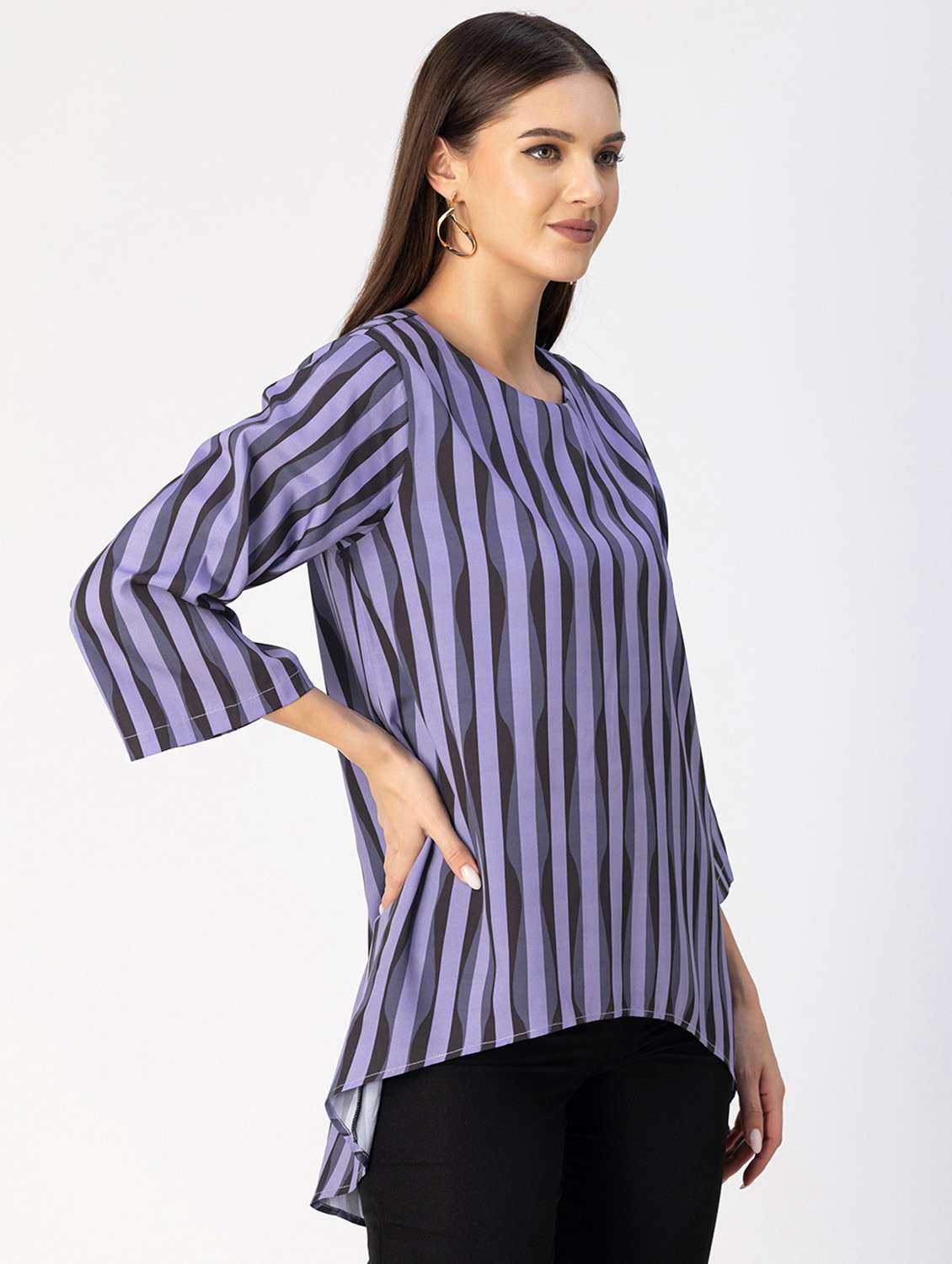 women striped round neck high low top - 20694649 -  Standard Image - 1