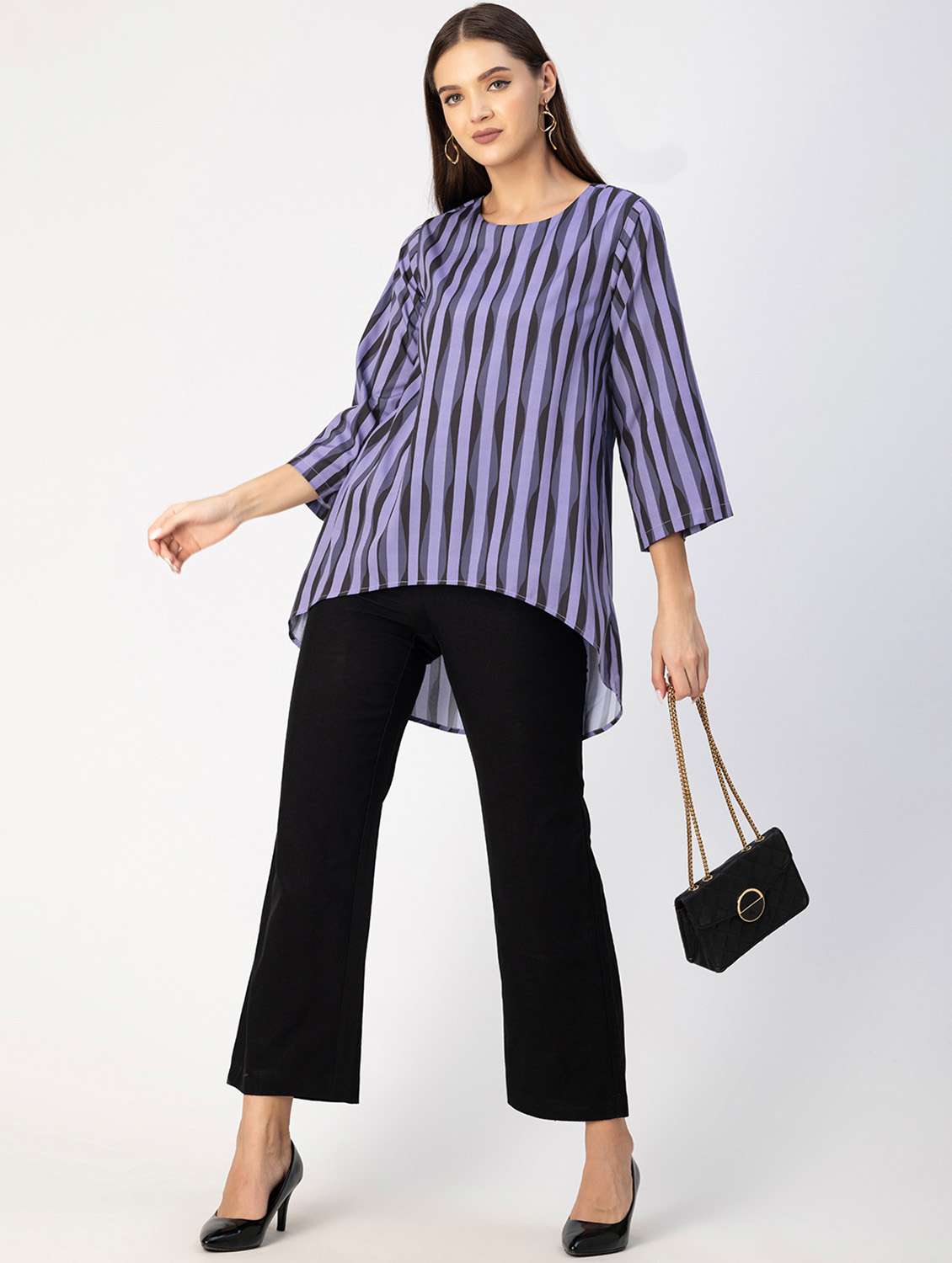 women striped round neck high low top - 20694649 -  Standard Image - 4