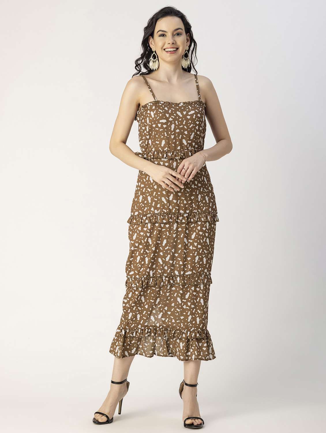 women printed sleeveless tiered dress