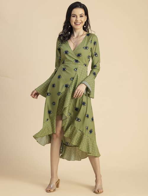 women quirky print bell sleeves wrap dress - 20694766 -  Standard Image - 0