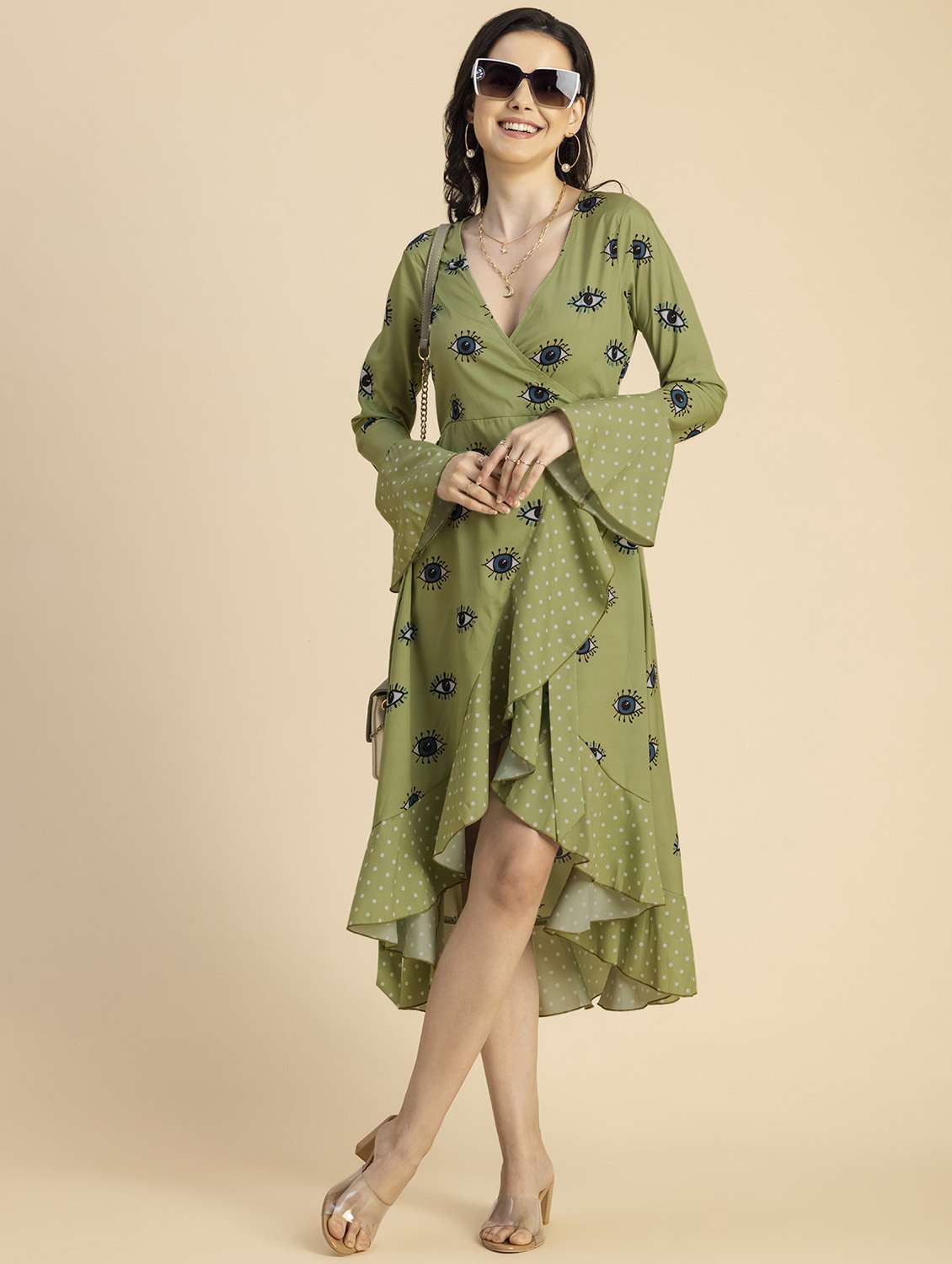 women quirky print bell sleeves wrap dress - 20694766 -  Standard Image - 1
