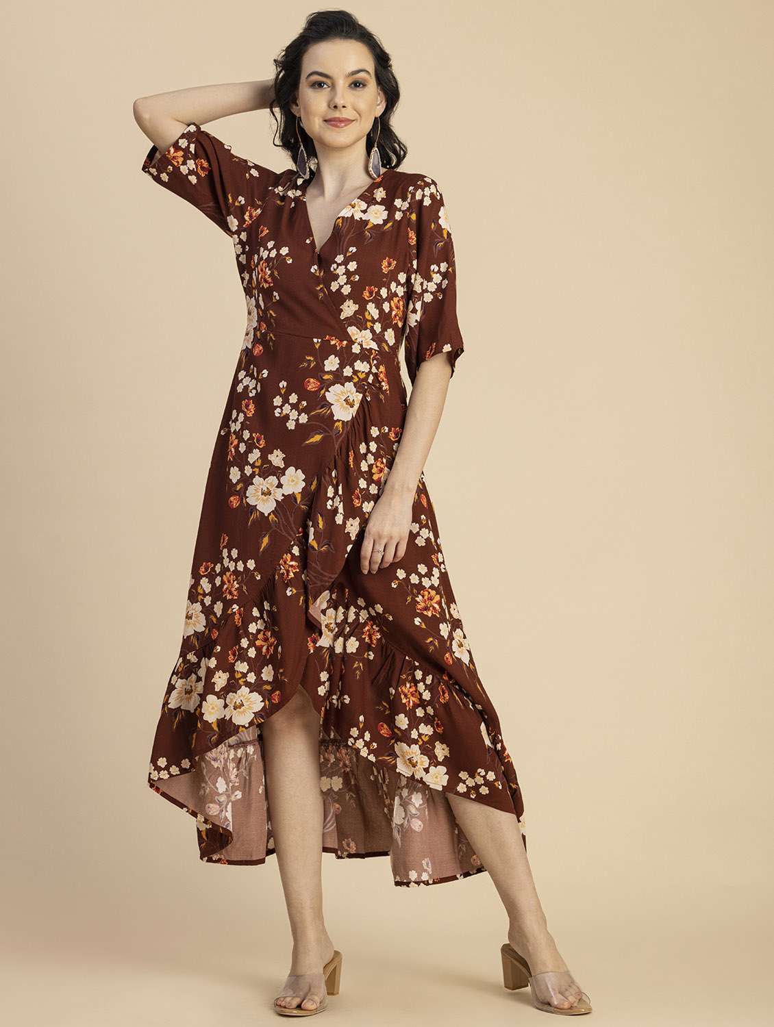 women floral print high low dress