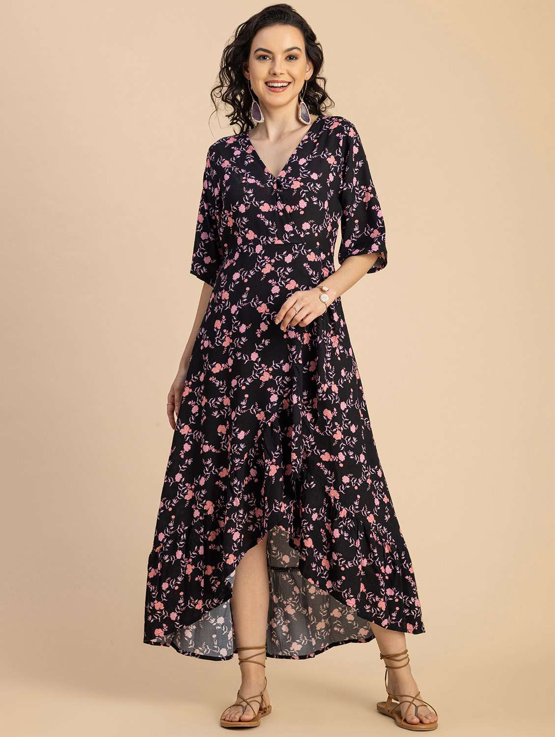 women floral print high low dress