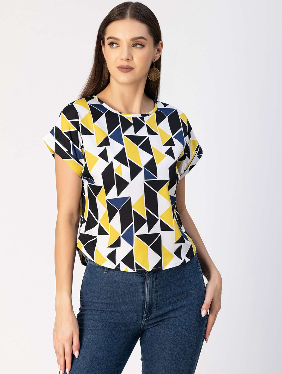 women geometric print round neck top