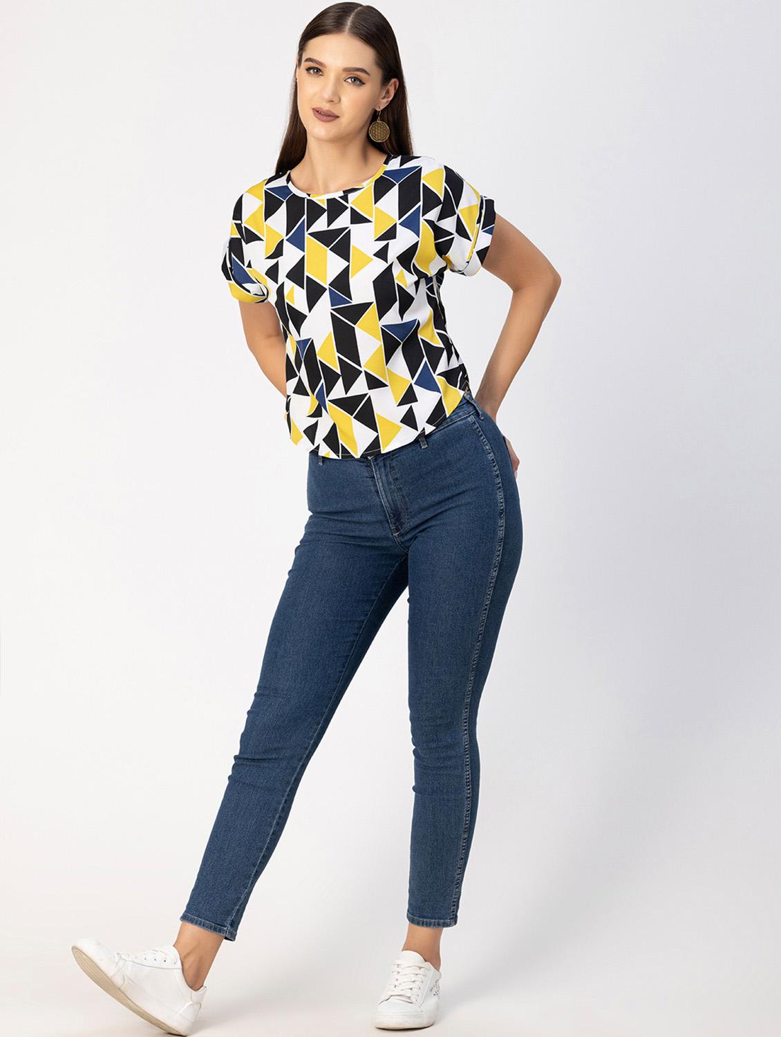 women geometric print round neck top - 20694903 - Standard Image - 4
