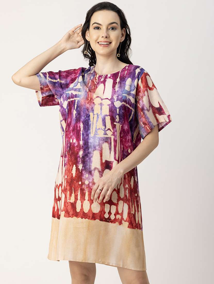 women printed hort sleeves a-line dress - 20695438 -  Standard Image - 1