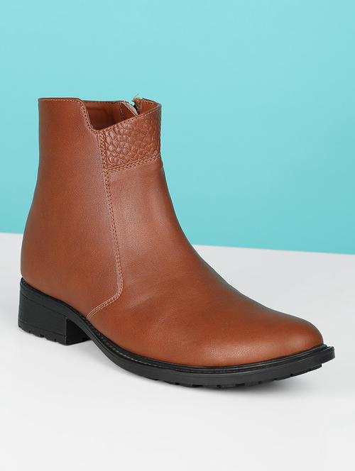 mid ankle tan slip-on boots with zipper for women - 20700035 -  Standard Image - 0