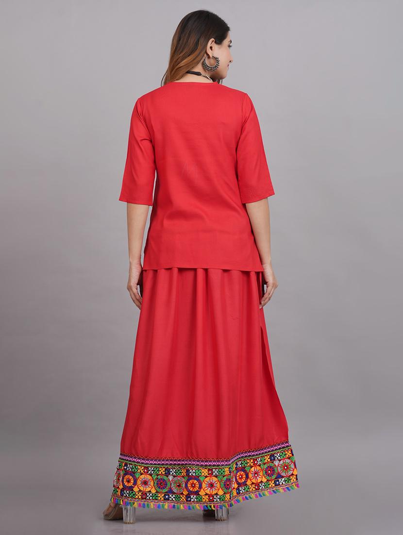 red rayon kurta skirt set - 20703900 - Standard Image - 1