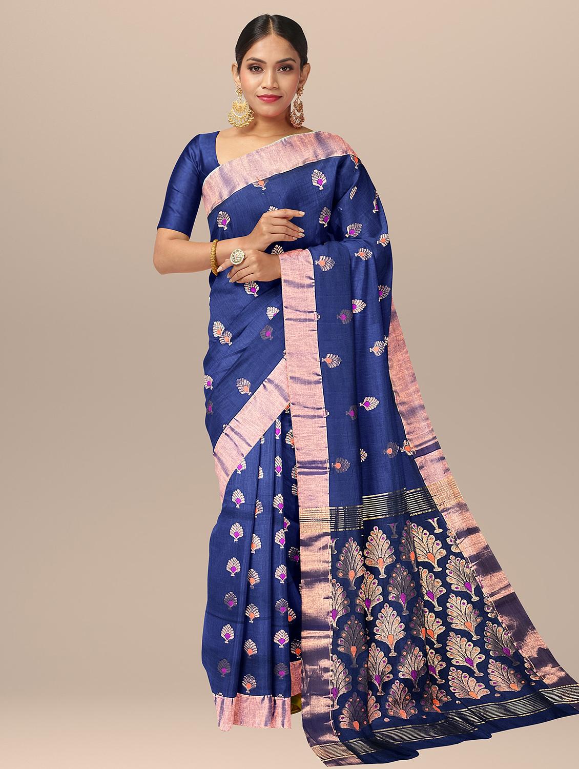 women blue self design handloom saree with blouse - 20720089 - Zoom Image - 0