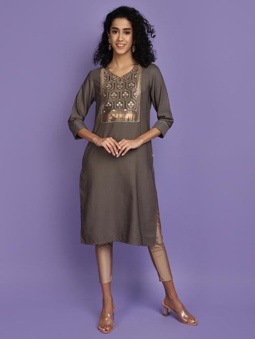 brown self design detailed kurta - 20724391 -  Standard Image - 0