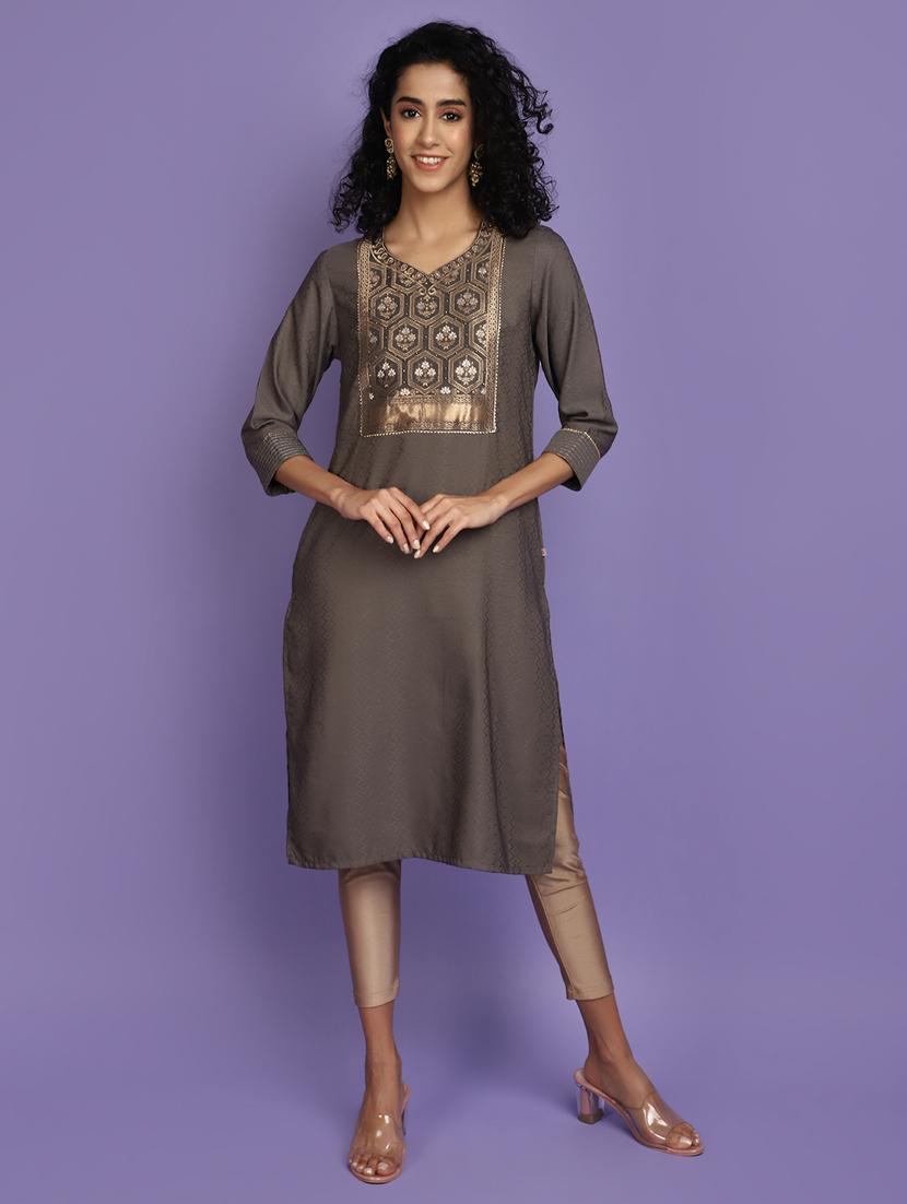 brown self design detailed kurta - 20724391 -  Zoom Image - 0