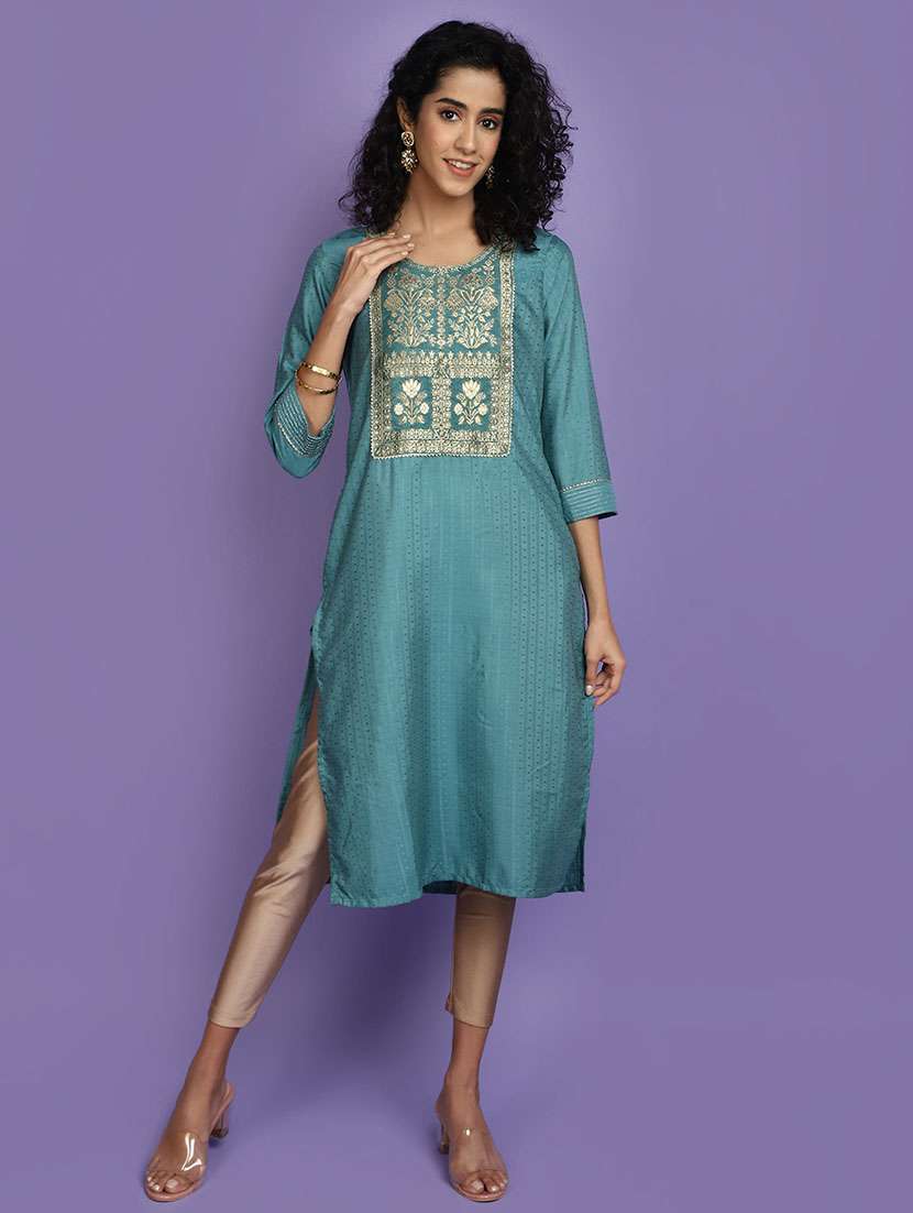 women teal round neck straight kurta