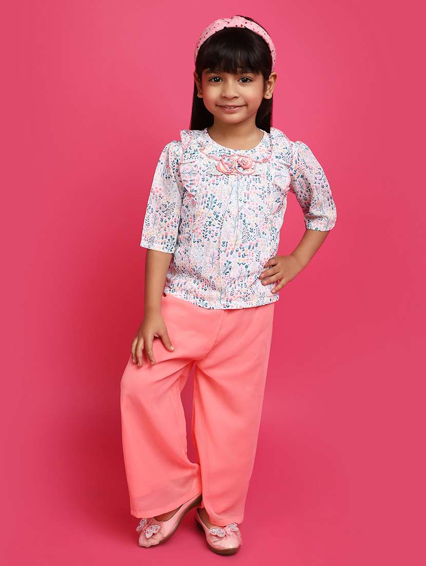 girls round neck printed full length set
