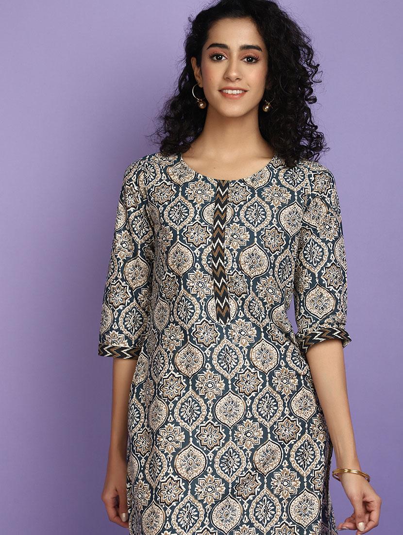 women teal round neck straight kurta - 20724633 - Standard Image - 4
