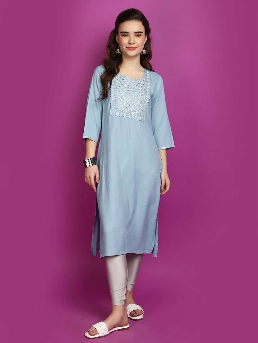 women light blue round neck straight kurta