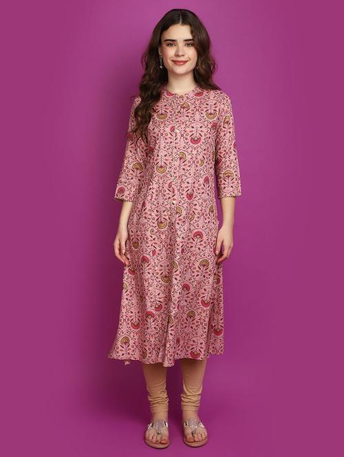 women pink mandarin neck straight kurta - 20725175 - Standard Image - 0