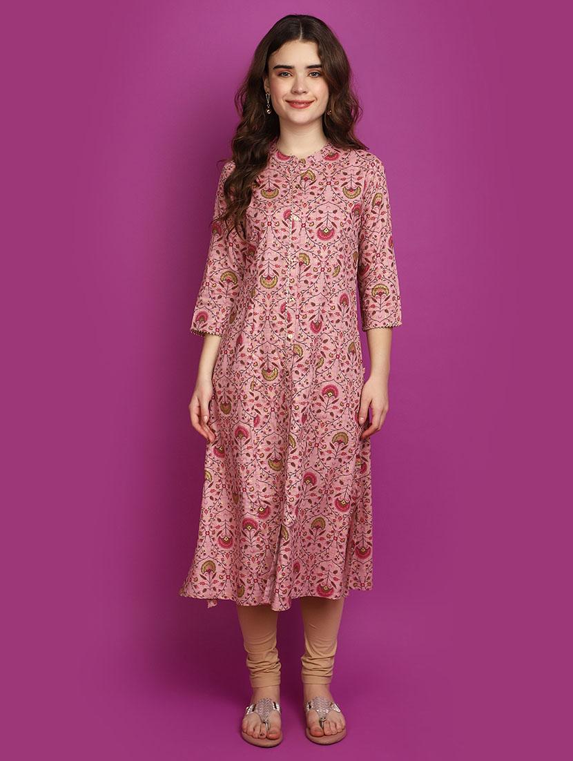 women pink mandarin neck straight kurta - 20725175 - Zoom Image - 0