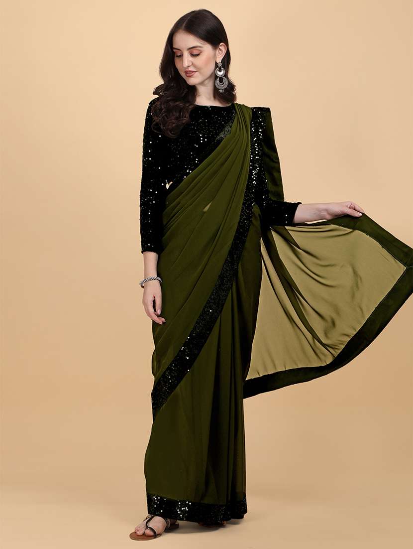 women olive solid georgette saree with blouse - 20726373 - Standard Image - 1