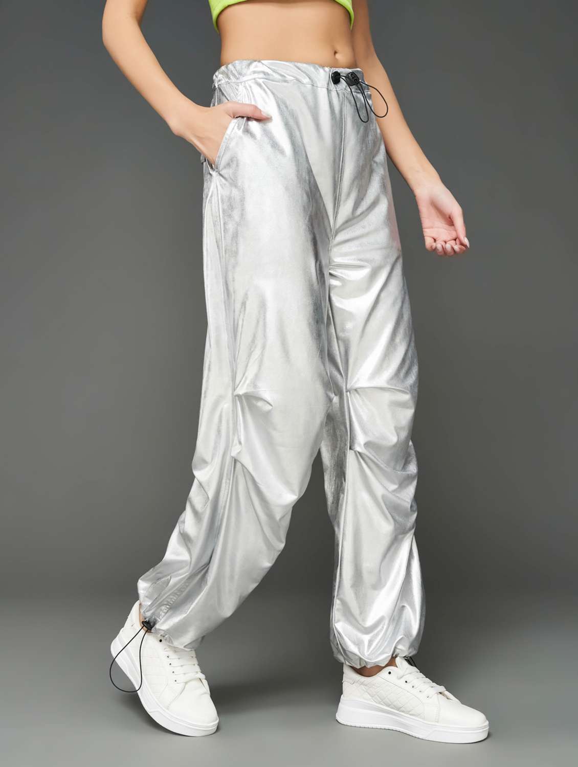 women solid mid rise parachute jogger - 20726379 -  Standard Image - 1