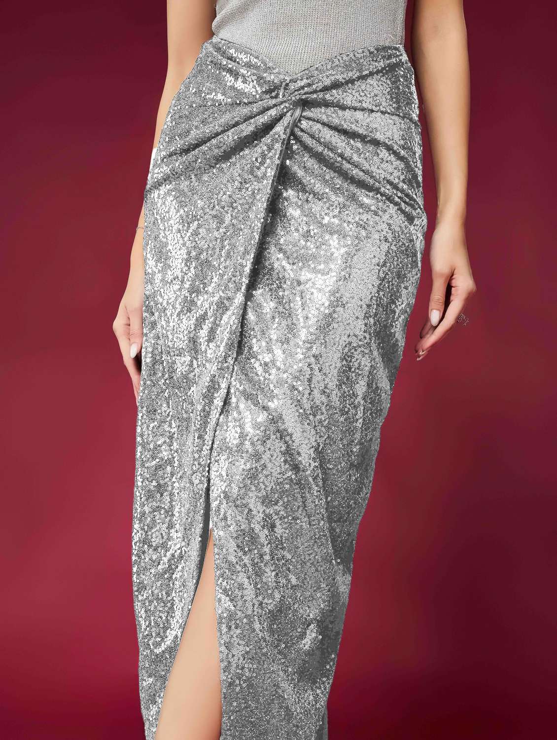 Women Sequined Asymmetric Twisted Waist Skirt