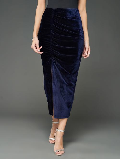 women's navy blue velvet ruched skirt - 20726438 - Standard Image - 0