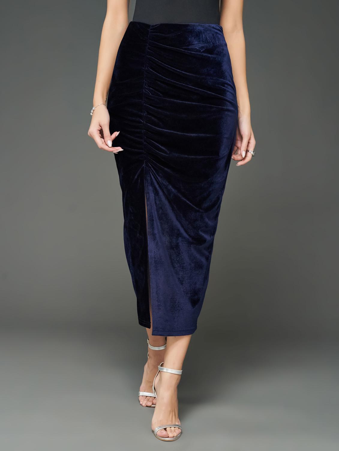 women's navy blue velvet ruched skirt - 20726438 - Zoom Image - 0