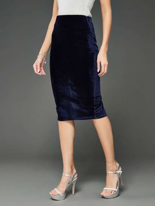 women's navy blue velvet pencil skirt