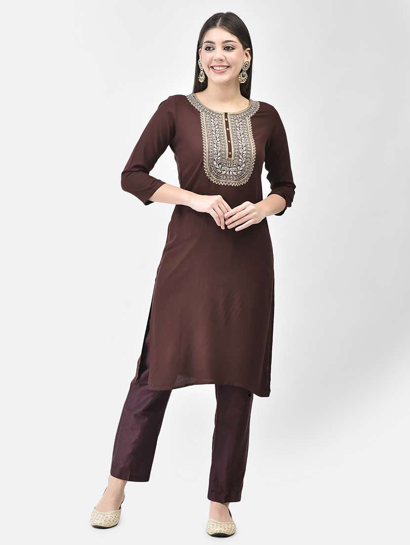 brown three quarter sleeve kurta pant set