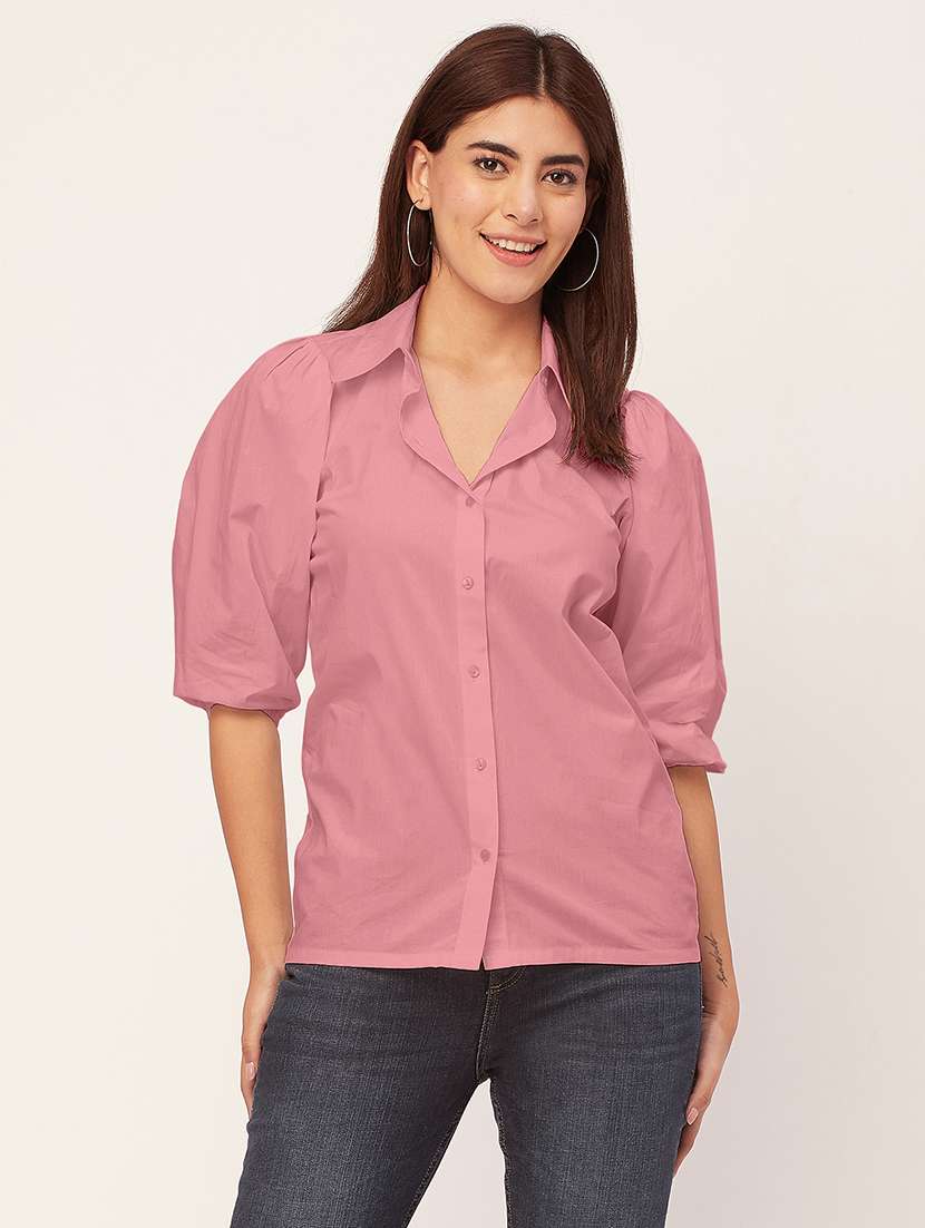 women solid collared puff sleeves shirt - 20726558 - Zoom Image - 0