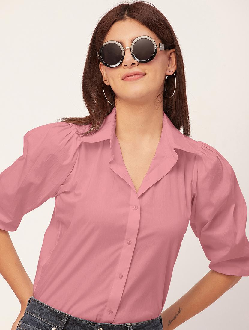 women solid collared puff sleeves shirt - 20726558 - Standard Image - 1