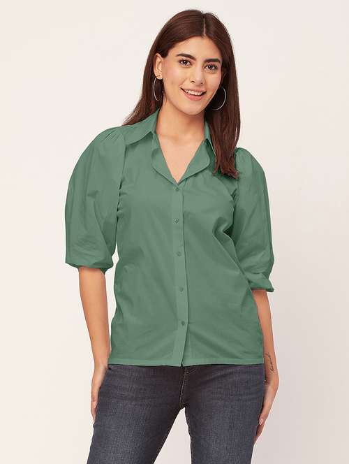 women solid collared puff sleeves shirt - 20726560 - Standard Image - 0